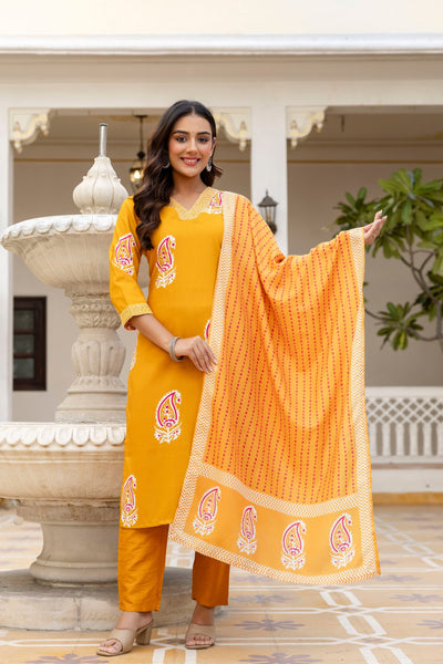 Elegant Mustard Yellow Printed Kurta Pant Set