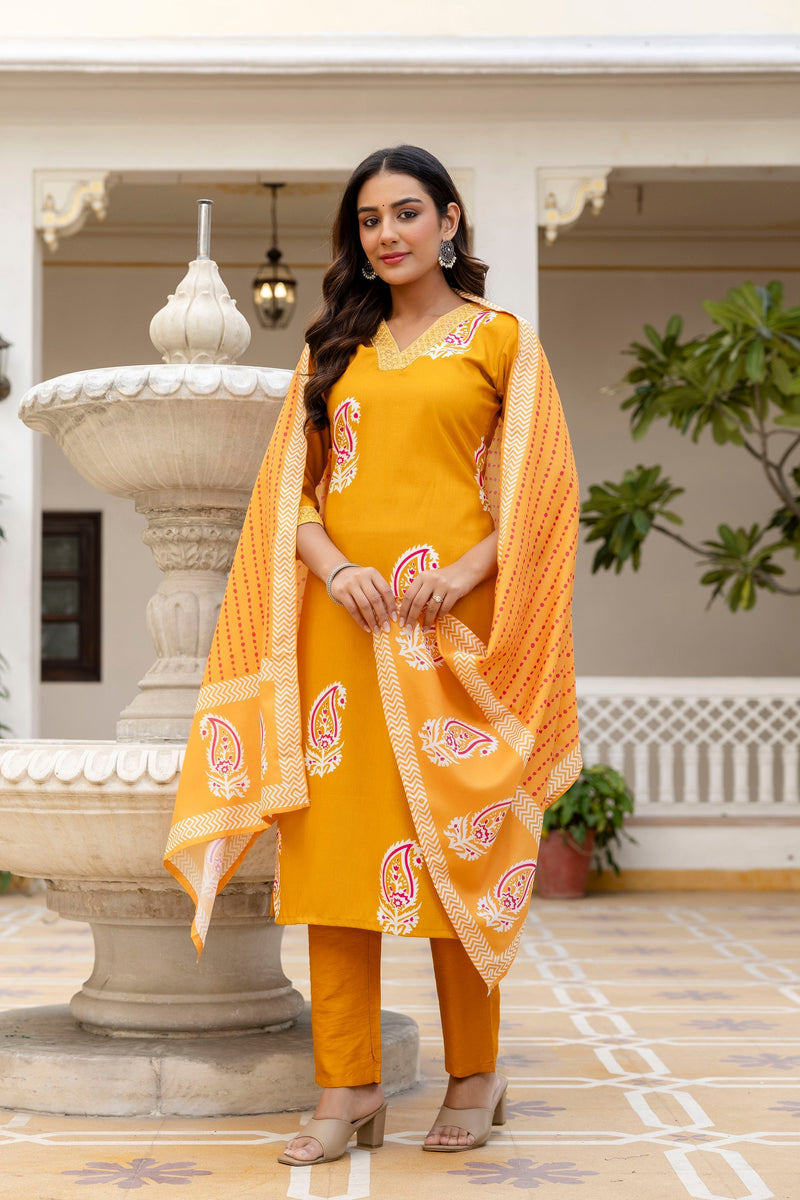 Elegant Mustard Yellow Printed Kurta Pant Set