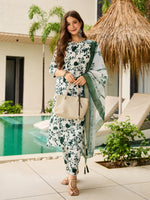 Elegant White & Green Floral Printed Kurta Pant Set