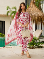 Elegant White & Maroon Floral Printed Kurta Pant Set