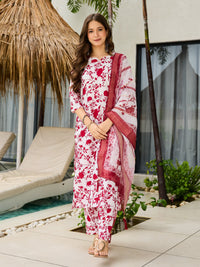Elegant White & Maroon Floral Printed Kurta Pant Set