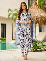 Elegant White & Blue Floral Printed Kurta Pant Set