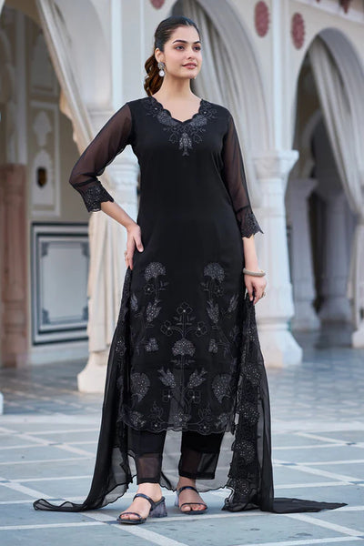 Black Georgette Embroidered Suit Set