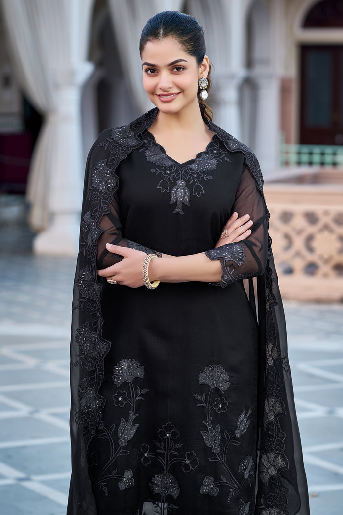 Elegant Black Embroidered Straight Kurta Set