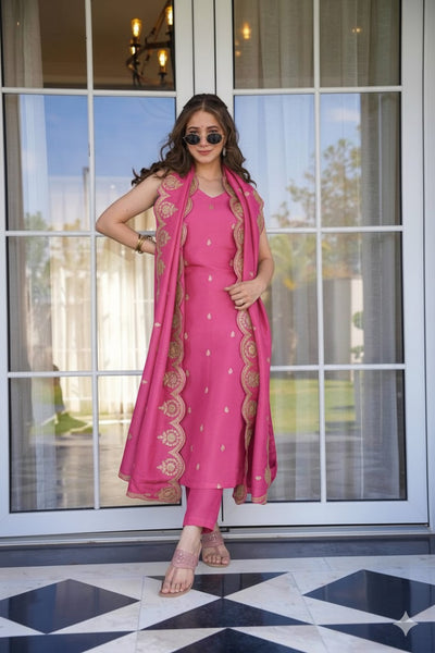 Rose Aura Viscose Zari Chanderi Suit Set