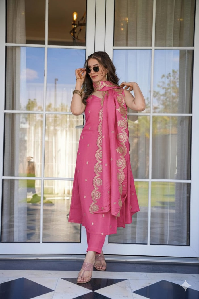 Rose Aura Viscose Zari Chanderi Suit Set