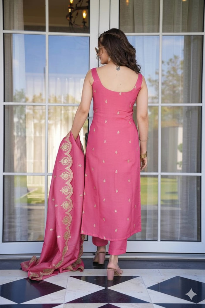 Rose Aura Viscose Zari Chanderi Suit Set