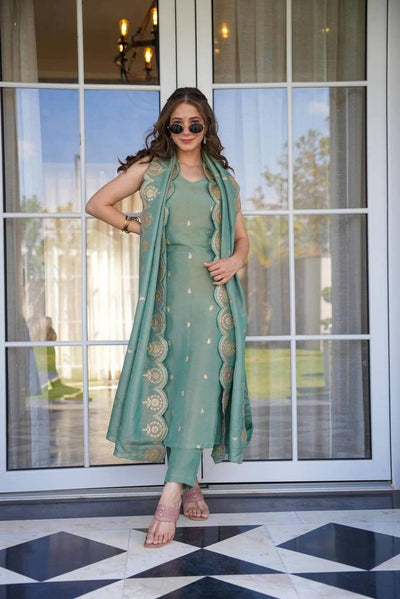 Sage Serenity Viscose Zari Chanderi Suit Set