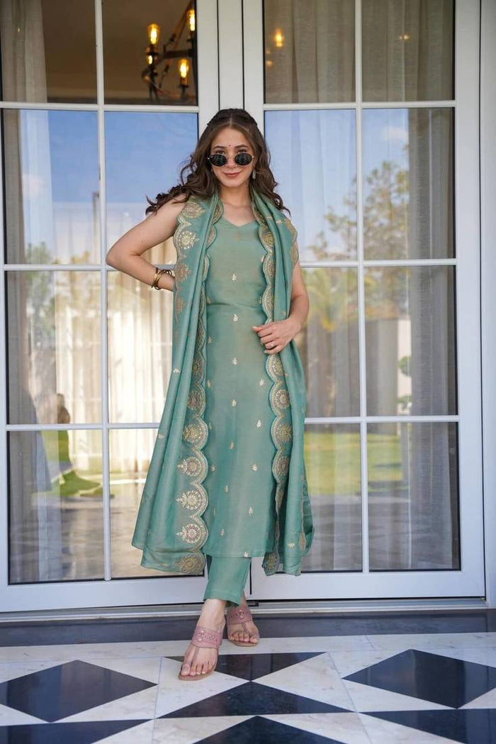 Sage Serenity Viscose Zari Chanderi Suit Set