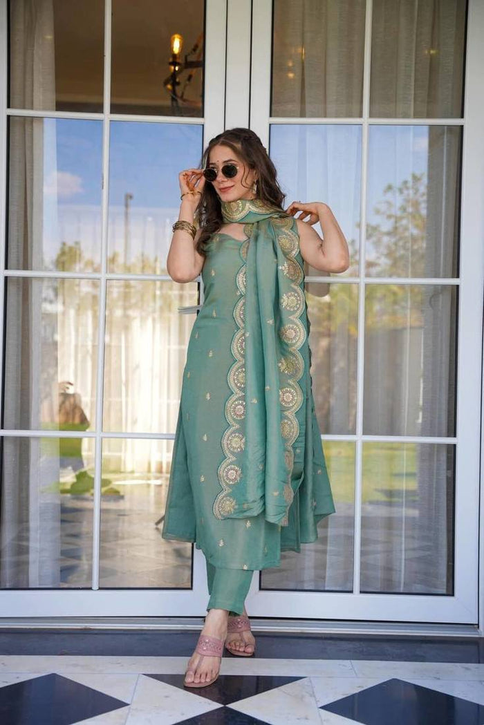 Sage Serenity Viscose Zari Chanderi Suit Set