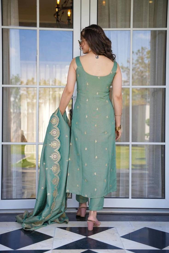 Sage Serenity Viscose Zari Chanderi Suit Set