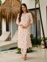 Elegant White Floral Printed Kurta Pant Set with Dupatta