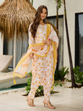 Elegant White Floral Printed Kurta Pant Set with Dupatta