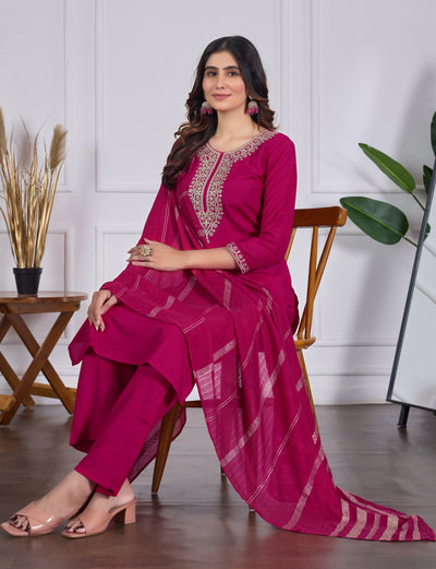 Elegant Rani Pink Embroidered Kurta Pant Set with Dupatta