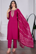 Elegant Rani Pink Embroidered Kurta Pant Set with Dupatta