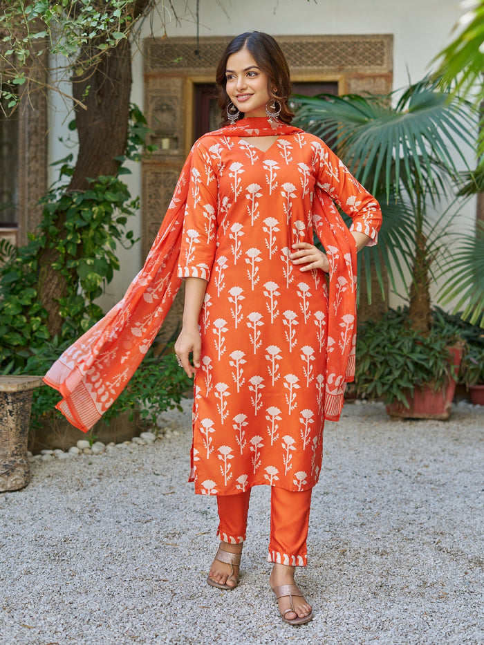 Elegant Orange Floral Printed Kurta Pant Set with Dupatta