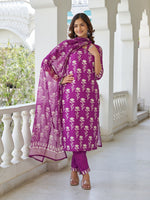 Elegant Purple Floral Printed Kurta Pant Set with Dupatta
