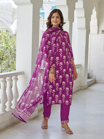 Elegant Purple Floral Printed Kurta Pant Set with Dupatta