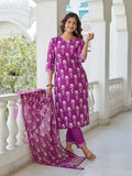 Elegant Purple Floral Printed Kurta Pant Set with Dupatta