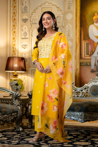 Yellow Embroidered Kurta Pant Set with Floral Dupatta