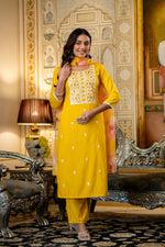 Yellow Embroidered Kurta Pant Set with Floral Dupatta
