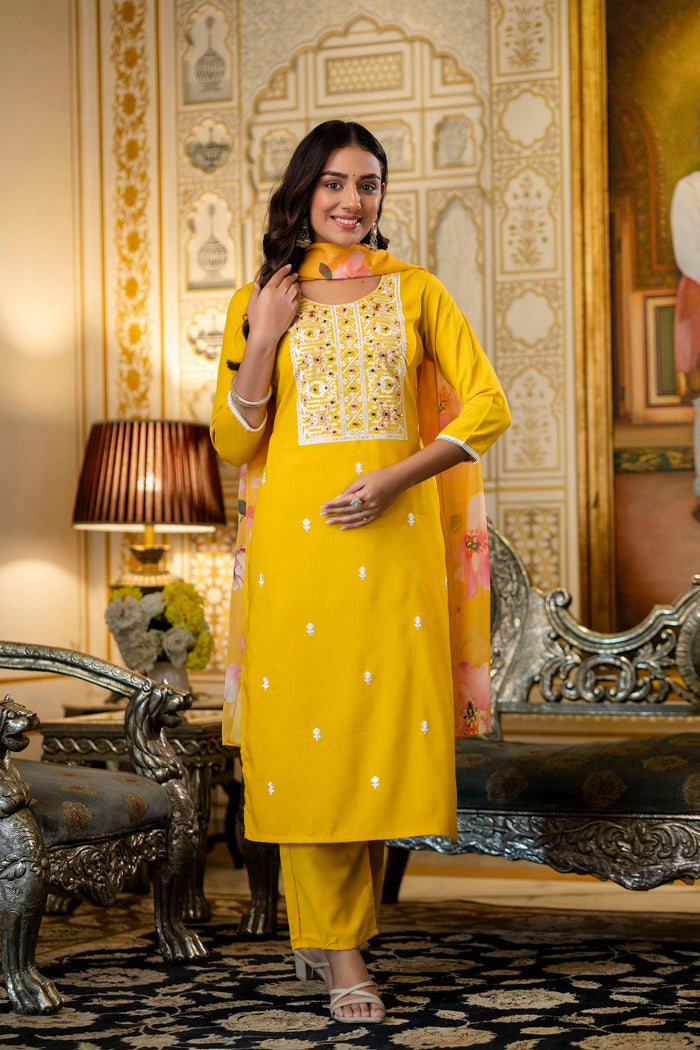 Yellow Embroidered Kurta Pant Set with Floral Dupatta