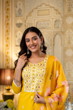 Yellow Embroidered Kurta Pant Set with Floral Dupatta