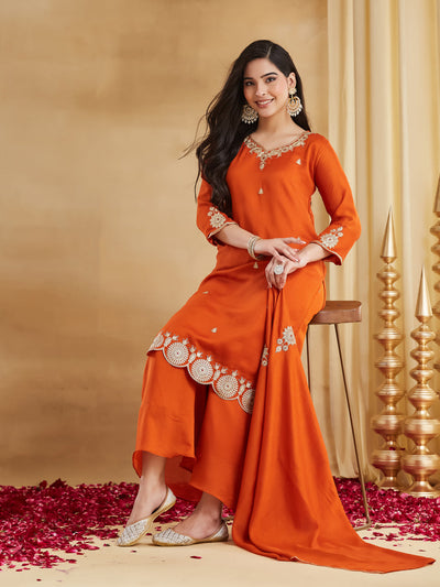 Elegant Orange Embroidered Kurta Palazzo Set