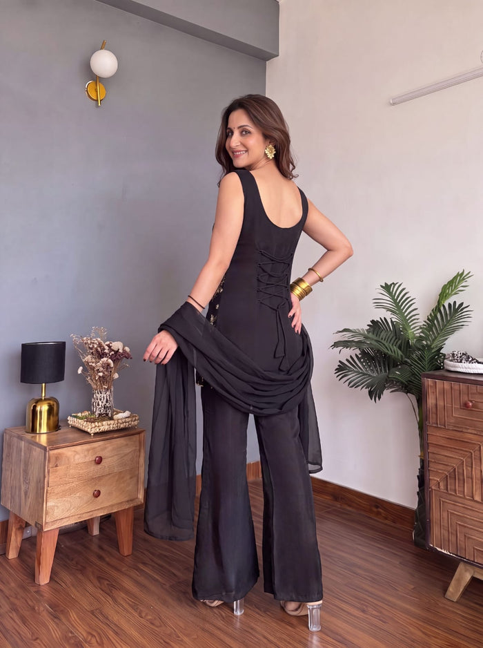 Midnight Noir Faux Georgette Embroidered Suit Set
