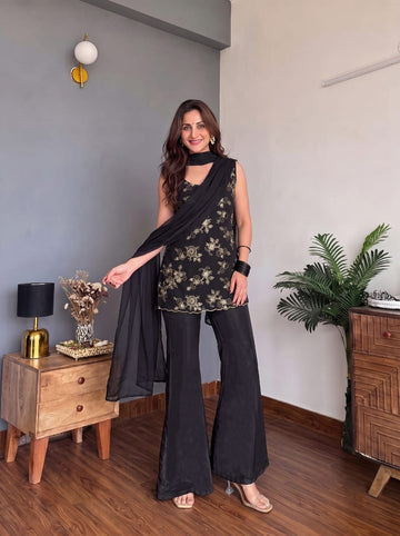 Midnight Noir Faux Georgette Embroidered Suit Set