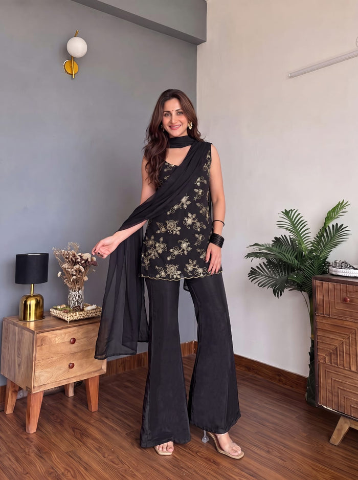 Midnight Noir Faux Georgette Embroidered Suit Set