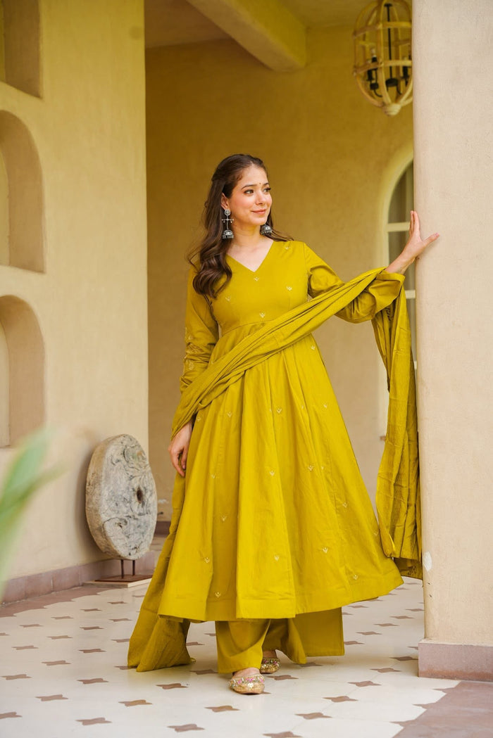 Mustard Yellow Viscose Embroidered Anarkali Suit Set