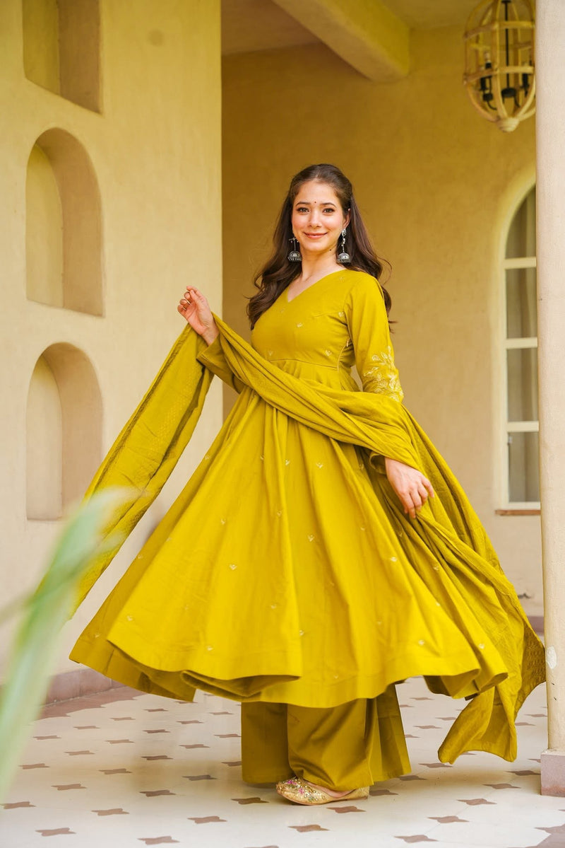 Mustard Yellow Viscose Embroidered Anarkali Suit Set