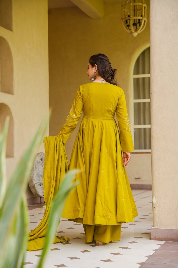 Mustard Yellow Viscose Embroidered Anarkali Suit Set