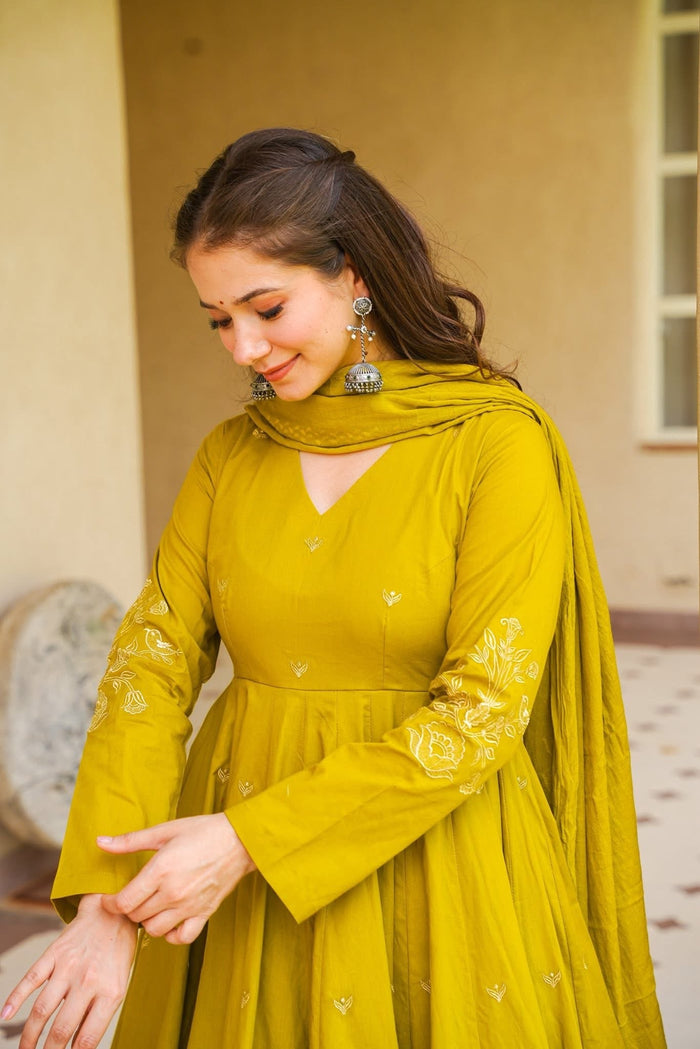 Mustard Yellow Viscose Embroidered Anarkali Suit Set