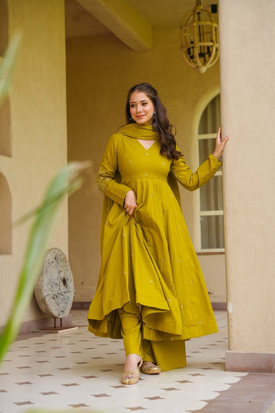 Mustard Yellow Viscose Embroidered Anarkali Suit Set