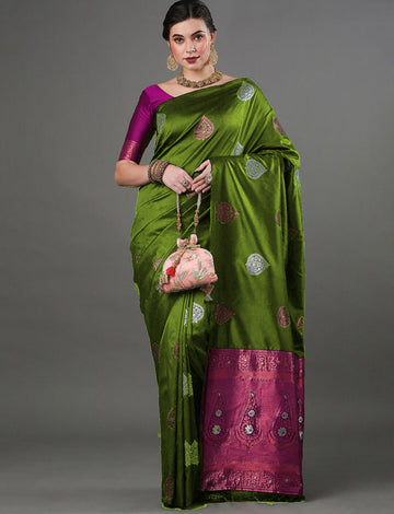 Mahendi Green Jacquard Saree – Elegant Festive Wear with Rich Woven Detailing