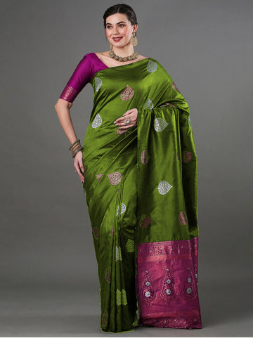 Mahendi Green Jacquard Saree – Elegant Festive Wear with Rich Woven Detailing