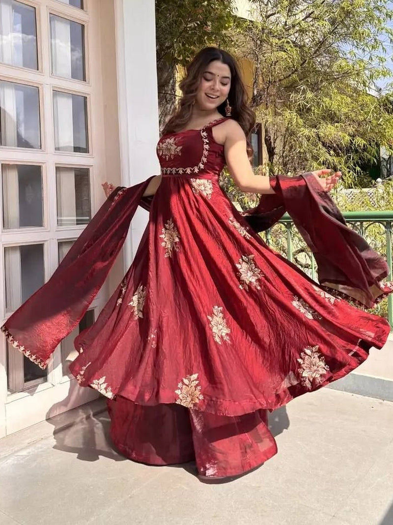 Maroon Embroidered Anarkali Suit Set