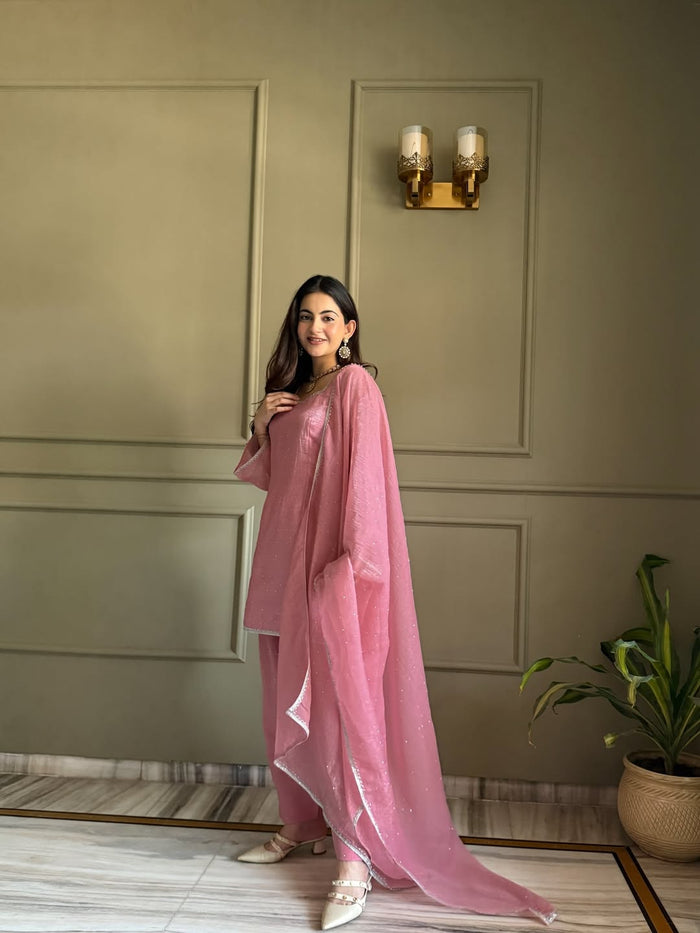 Pink Zardosi Crunchy Silk Patiala Suit Set