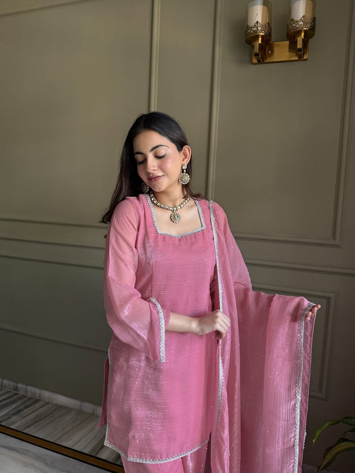Pink Zardosi Crunchy Silk Patiala Suit Set