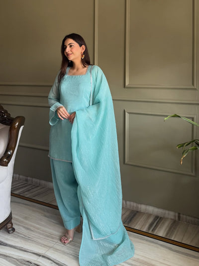 Sky Blue Zardosi Crunchy Silk Patiala Suit Set