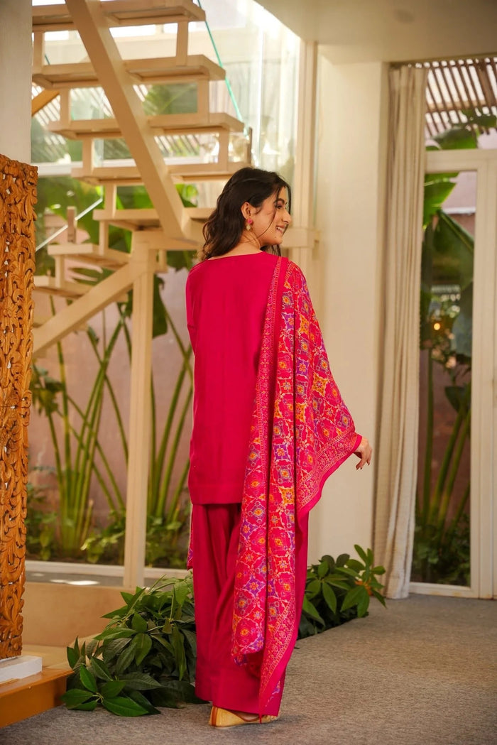 Pink Rani Silk Crepe Gharara Set