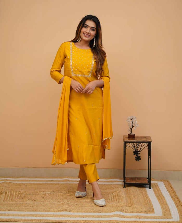 Yellow Mehira Embroidered Rayon Suit Set