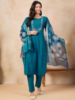 Rama Green Embroidered Chanderi Kurta Pant Set