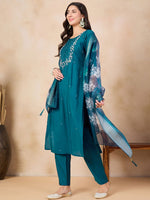 Rama Green Embroidered Chanderi Kurta Pant Set
