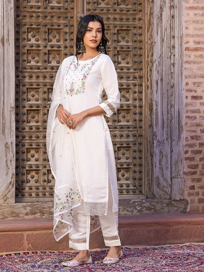 White Embroidered Chanderi Kurta Pant Set