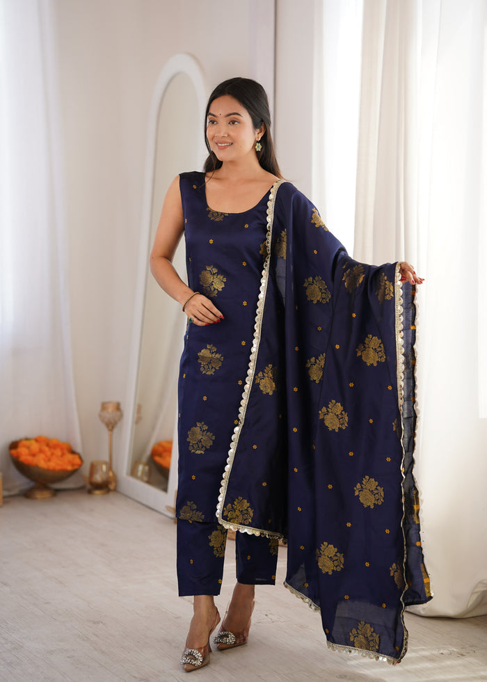 Navy Aura Chanderi Jacquard Suit Set