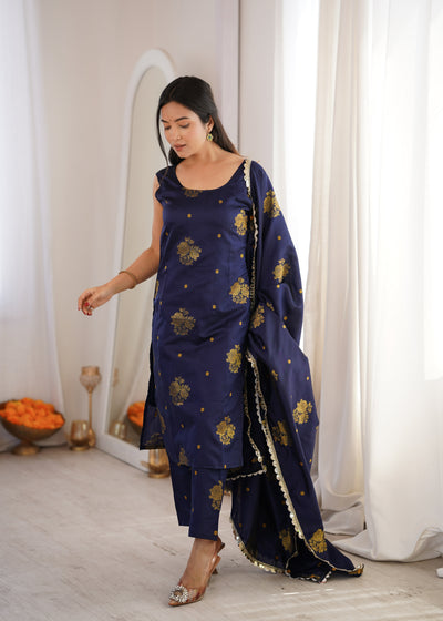 Navy Aura Chanderi Jacquard Suit Set