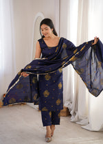 Navy Aura Chanderi Jacquard Suit Set